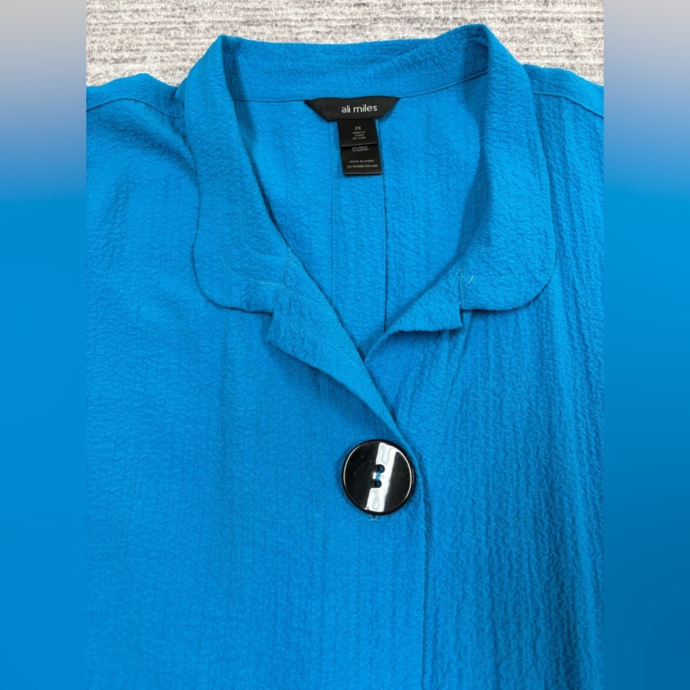 Ali Miles Tunic Jacket Top Women’s 2X Blue Crinkled Button Roll Sleeve Office - Picture 6 of 11